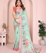 Pista color linen cotton fabric festive looks printed saree