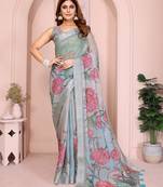 Grey color linen cotton fabric festive looks printed saree