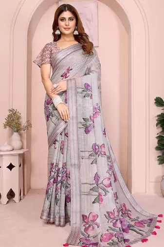 Grey color linen cotton fabric festive looks printed saree