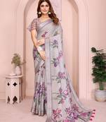 Grey color linen cotton fabric festive looks printed saree