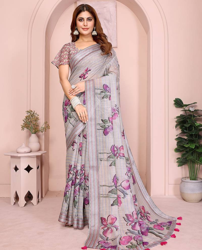 Grey color linen cotton fabric festive looks printed saree