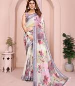 Off white color linen cotton fabric festive looks printed saree