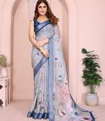 Grey color linen cotton fabric festive looks printed saree
