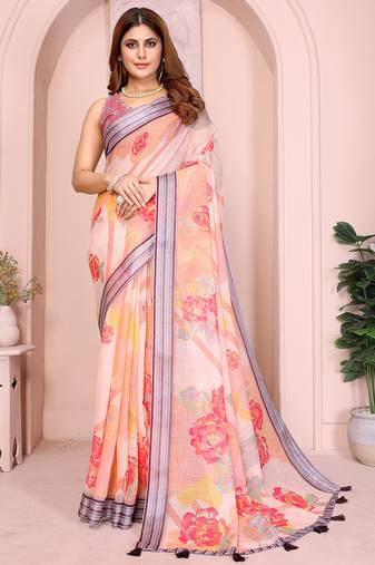 Peach color linen cotton fabric festive looks printed saree