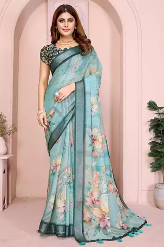 Sea green color linen cotton fabric festive looks printed saree
