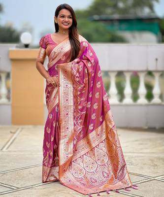 Purple faux banarasi silk blend saree with woven jacquard ethnic style 1