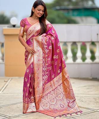 Purple faux banarasi silk blend saree with woven jacquard ethnic style 4