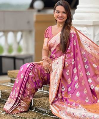 Purple faux banarasi silk blend saree with woven jacquard ethnic style 5