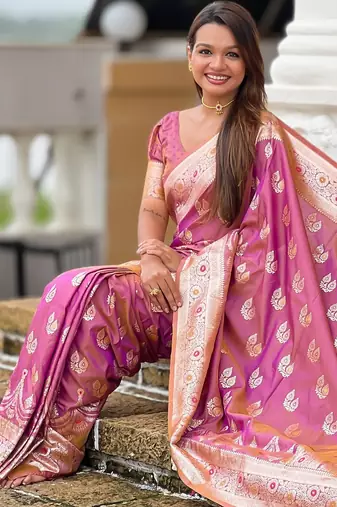 Purple faux banarasi silk blend saree with woven jacquard ethnic style