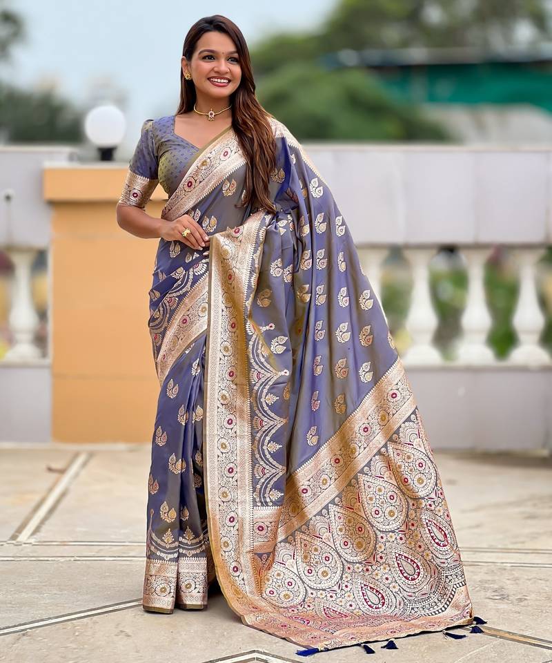 Lavender color banarasi silk saree with woven jacquard designer ethnic style