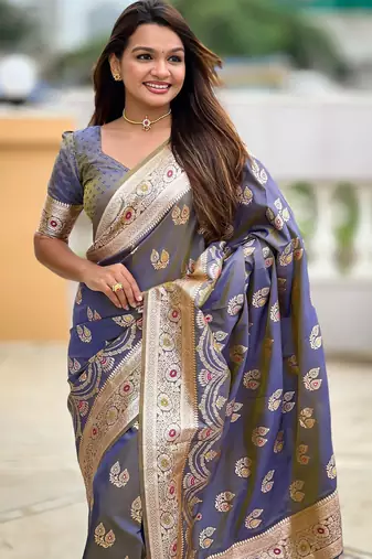 Lavender faux banarasi silk blend saree with woven jacquard ethnic style