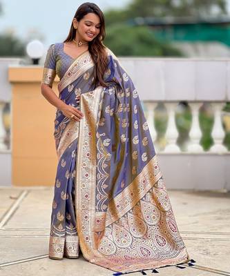 Lavender faux banarasi silk blend saree with woven jacquard ethnic style 4