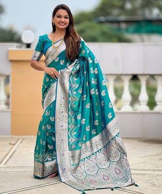 Teal green faux banarasi silk blend saree with woven jacquard ethnic style 1
