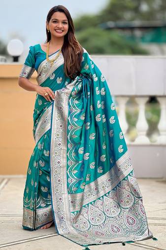 Teal green color banarasi silk saree with woven jacquard designer ethnic style