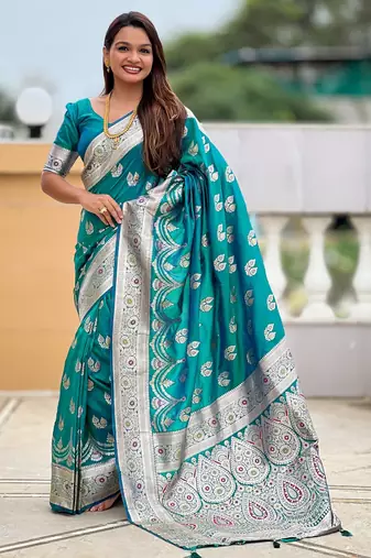Teal green color banarasi silk saree with woven jacquard designer ethnic style
