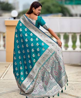 Teal green faux banarasi silk blend saree with woven jacquard ethnic style 2