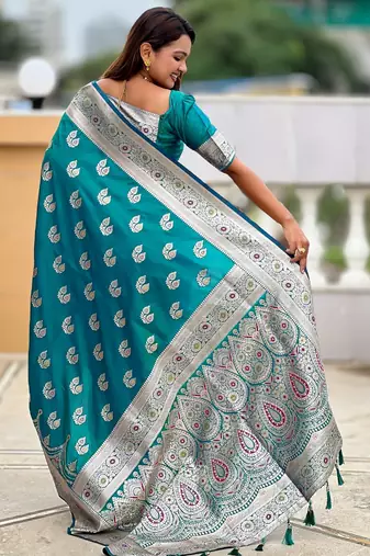 Teal green faux banarasi silk blend saree with woven jacquard ethnic style
