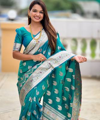 Teal green faux banarasi silk blend saree with woven jacquard ethnic style 3