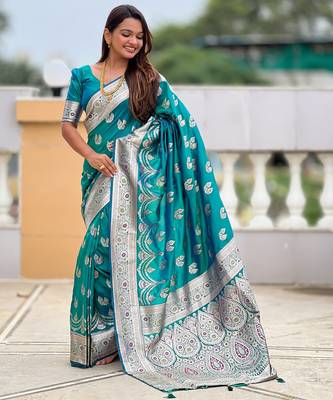 Teal green faux banarasi silk blend saree with woven jacquard ethnic style 4
