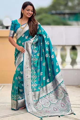 Teal green faux banarasi silk blend saree with woven jacquard ethnic style