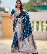 Teal blue color banarasi silk saree with woven jacquard ethnic style