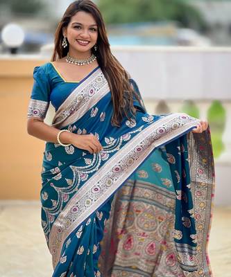 Teal blue faux banarasi silk blend saree with woven jacquard ethnic style 3