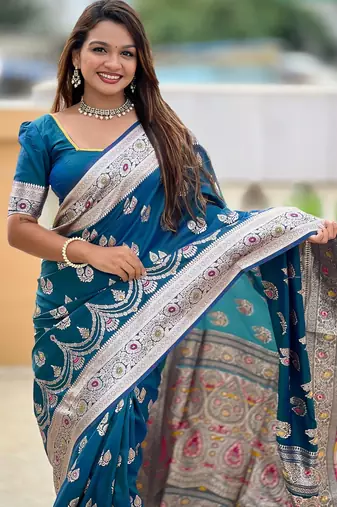 Teal blue faux banarasi silk blend saree with woven jacquard ethnic style