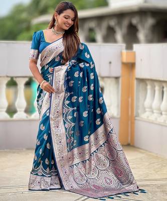 Teal blue faux banarasi silk blend saree with woven jacquard ethnic style 4