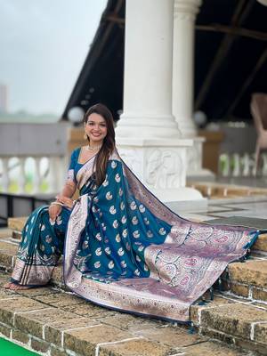 Teal blue faux banarasi silk blend saree with woven jacquard ethnic style 5