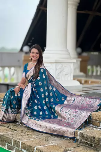 Teal blue faux banarasi silk blend saree with woven jacquard ethnic style