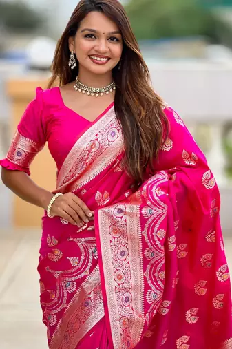 Pink faux banarasi silk blend saree with woven jacquard ethnic style