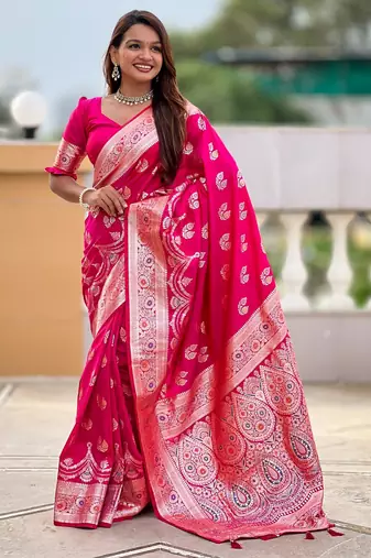 Pink faux banarasi silk blend saree with woven jacquard ethnic style
