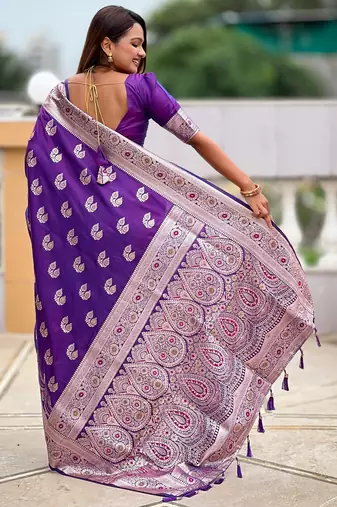 Violet faux banarasi silk blend saree with woven jacquard ethnic style