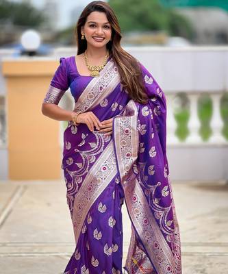 Violet faux banarasi silk blend saree with woven jacquard ethnic style 3