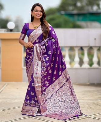 Violet faux banarasi silk blend saree with woven jacquard ethnic style 4