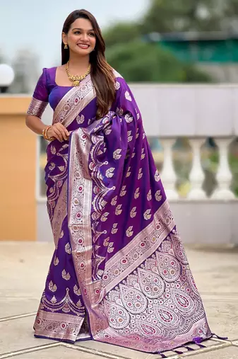 Violet faux banarasi silk blend saree with woven jacquard ethnic style