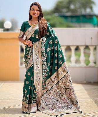Green faux banarasi silk blend saree with woven jacquard ethnic style 1