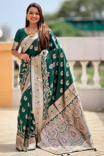 Green color banarasi silk saree with woven jacquard designer ethnic style