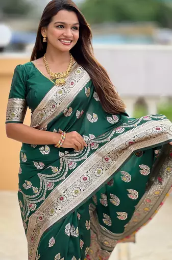 Green faux banarasi silk blend saree with woven jacquard ethnic style