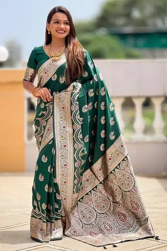 Green faux banarasi silk blend saree with woven jacquard ethnic style