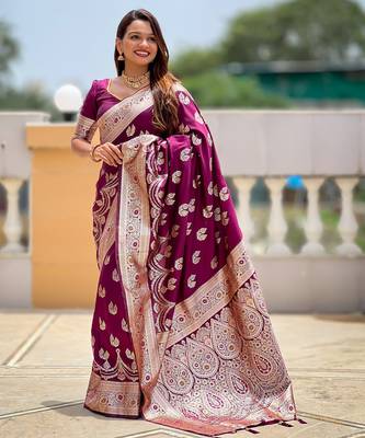 Magenta faux banarasi silk blend saree with woven jacquard ethnic style 1