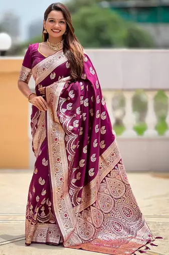 Magenta faux banarasi silk blend saree with woven jacquard ethnic style