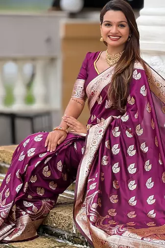 Magenta faux banarasi silk blend saree with woven jacquard ethnic style