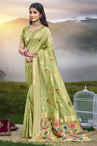 Green color graceful woven meenakari designer saree on assam silk fabric