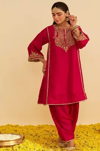 Hot pink embroidered silk kurta set