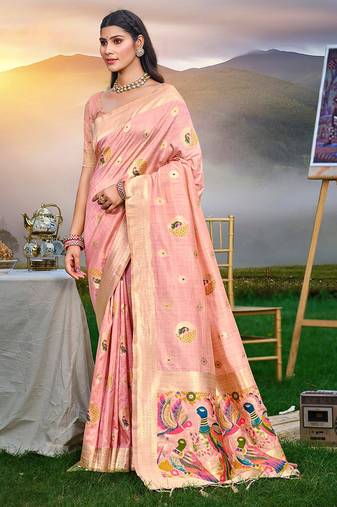 Pink color graceful woven meenakari designer saree on assam silk fabric