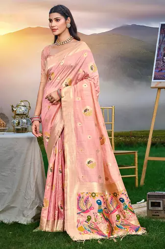 Pink color graceful woven meenakari designer saree on assam silk fabric