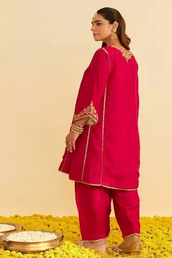 Hot pink embroidered silk kurta set