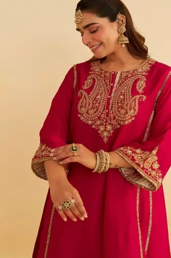 Hot pink embroidered silk kurta set