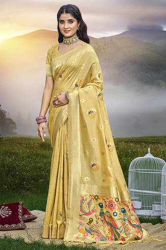 Yellow color graceful woven meenakari designer saree on assam silk fabric